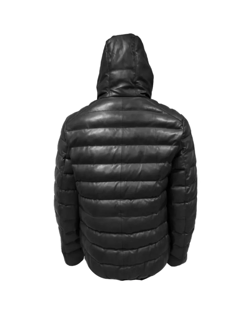 Chaqueta acolchada de piel auténtica para hombre con capucha. - Imagen 4
