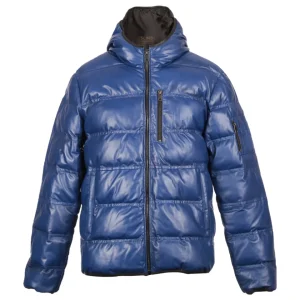 Chaqueta acolchada de piel auténtica para hombre con capucha. – Premium