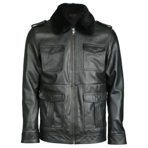 Chaqueta de aviador de cuero auténtico para hombre con bolsillo de parche.