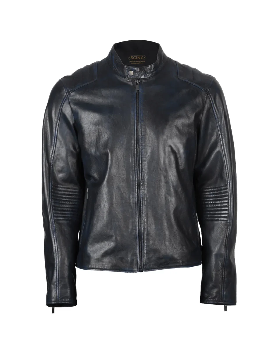 Chaqueta de motorista de cuero auténtico para hombre con mangas ajustadas.