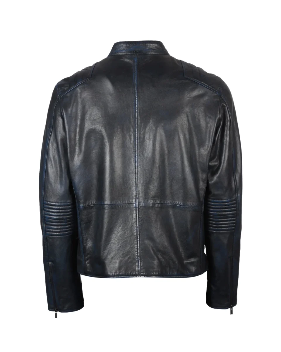 Chaqueta de motorista de cuero auténtico para hombre con mangas ajustadas. - Imagen 4