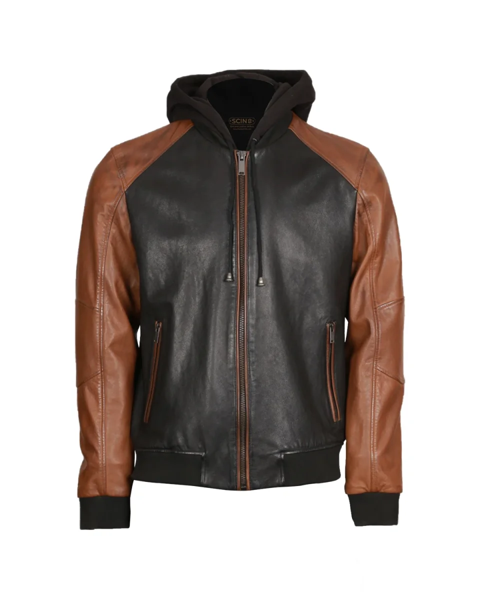 Chaqueta de cuero genuino bicolor para hombre