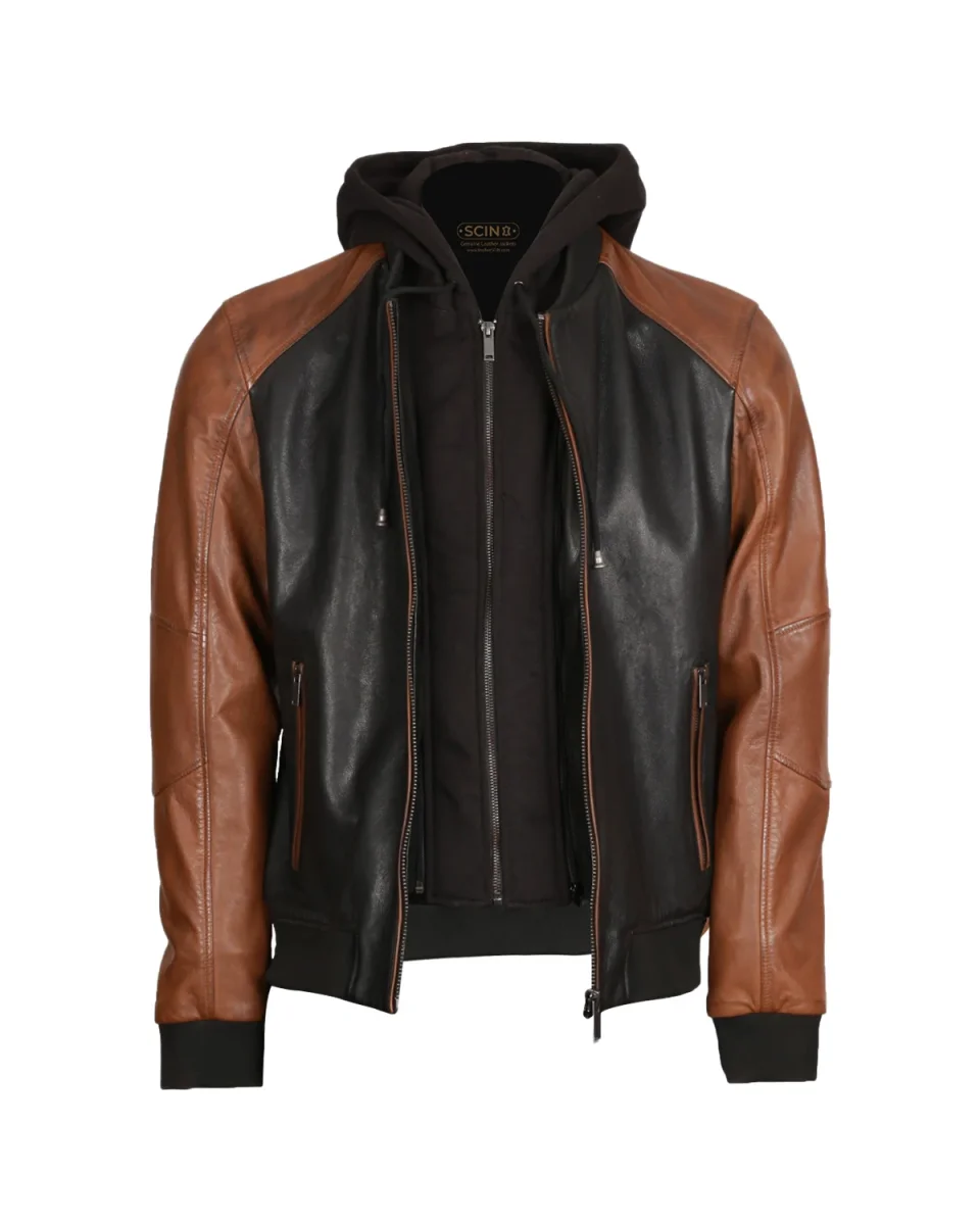 Chaqueta de cuero genuino bicolor para hombre - Imagen 4