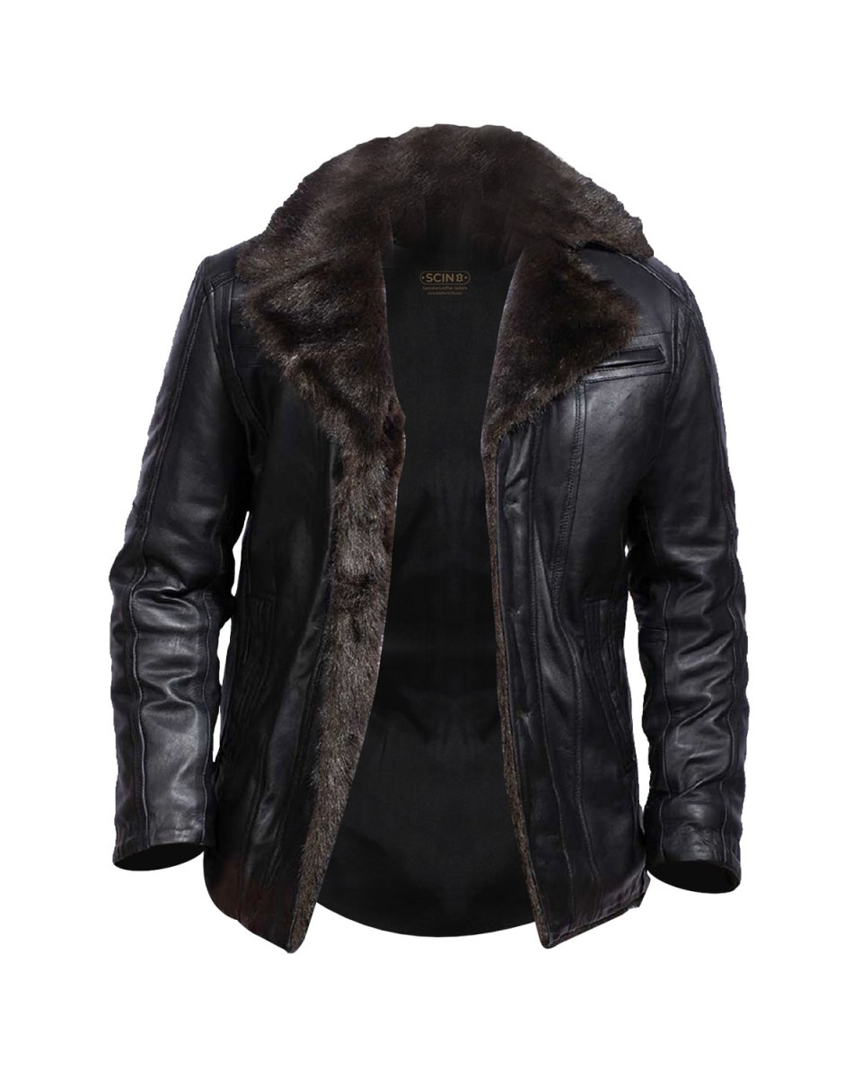 Chaqueta de aviador de piel de oveja para hombre con pelo - Imagen 3