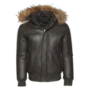 Chaqueta de aviador para hombre de cuero genuino marrón con capucha.
