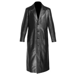 Elegante gabardina negra de piel auténtica para hombre.