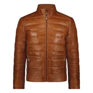 Chaqueta acolchada de cuero genuino color coñac para hombre