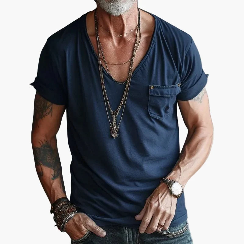 T-shirt décontracté homme col V style urbain avec poche poitrine - Idéal pour sorties et usage quotidien