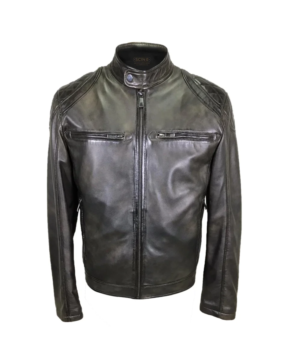 Chaqueta de motorista de cuero auténtico con hombreras acolchadas. - Imagen 3
