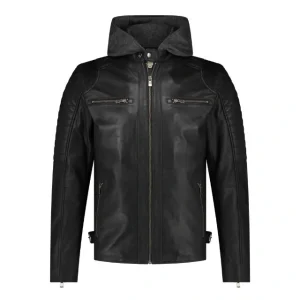 Chaqueta informal para hombre de auténtica piel de cordero con capucha desmontable.