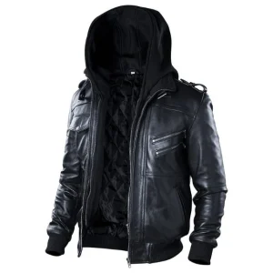 Chaqueta de aviador de cuero negro auténtico con capucha.