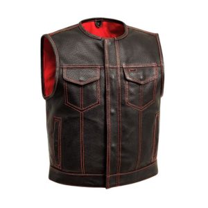Chaleco de motociclista de cuero genuino perforado para hombre