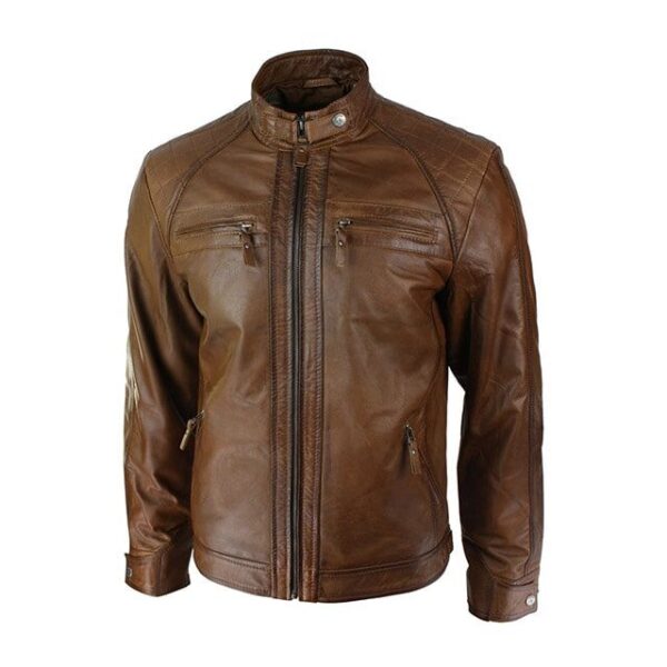 Chaqueta motera retro para hombre, con cremallera, confeccionada en piel auténtica suave. - Imagen 3