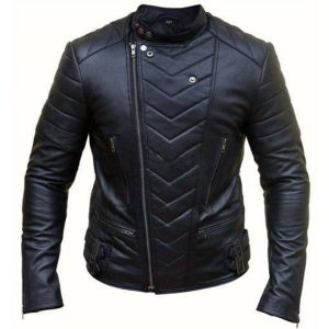 Chaqueta de motorista de piel de oveja negra para hombre con cremallera cruzada