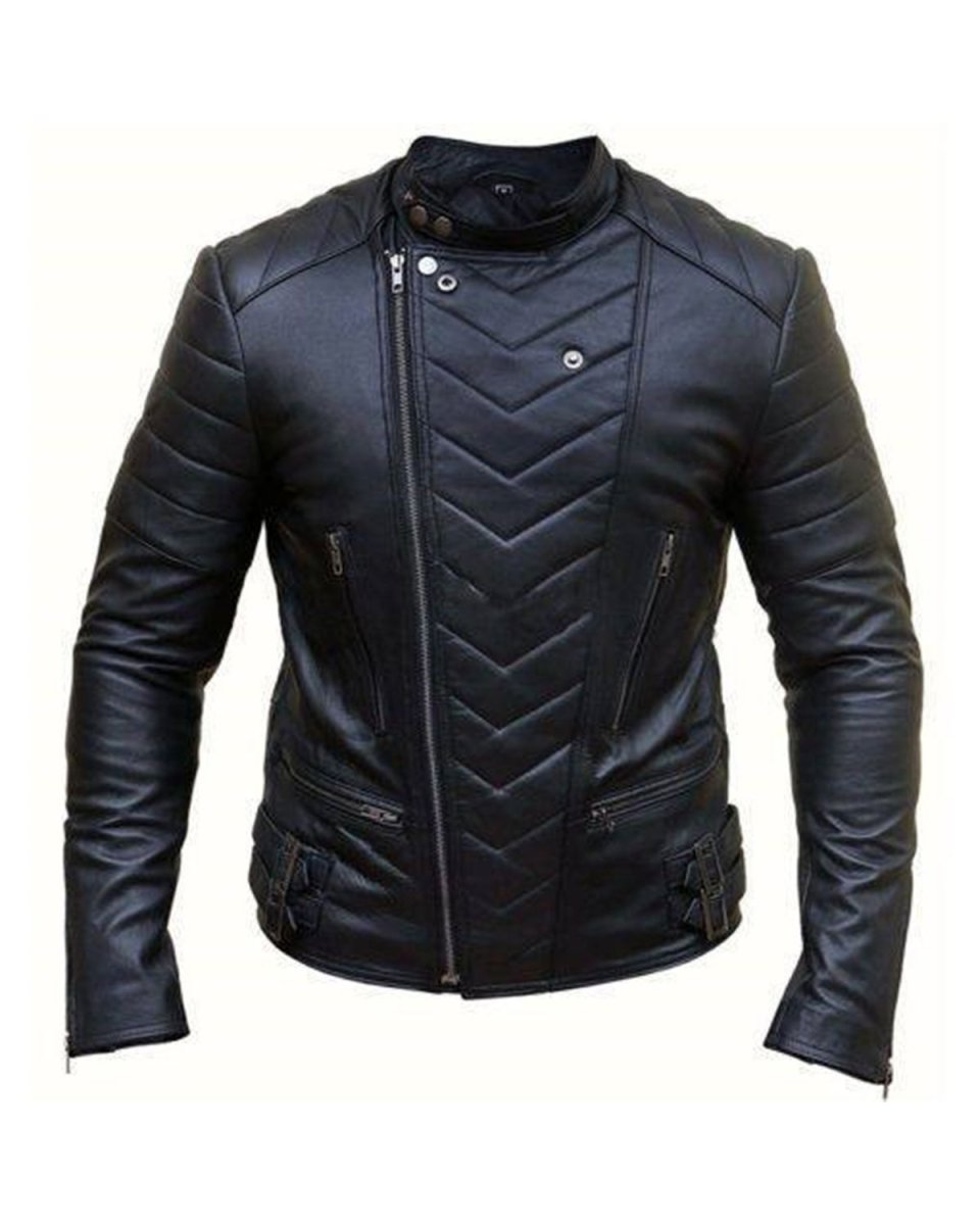Chaqueta de motorista de piel de oveja negra para hombre con cremallera cruzada - Imagen 2