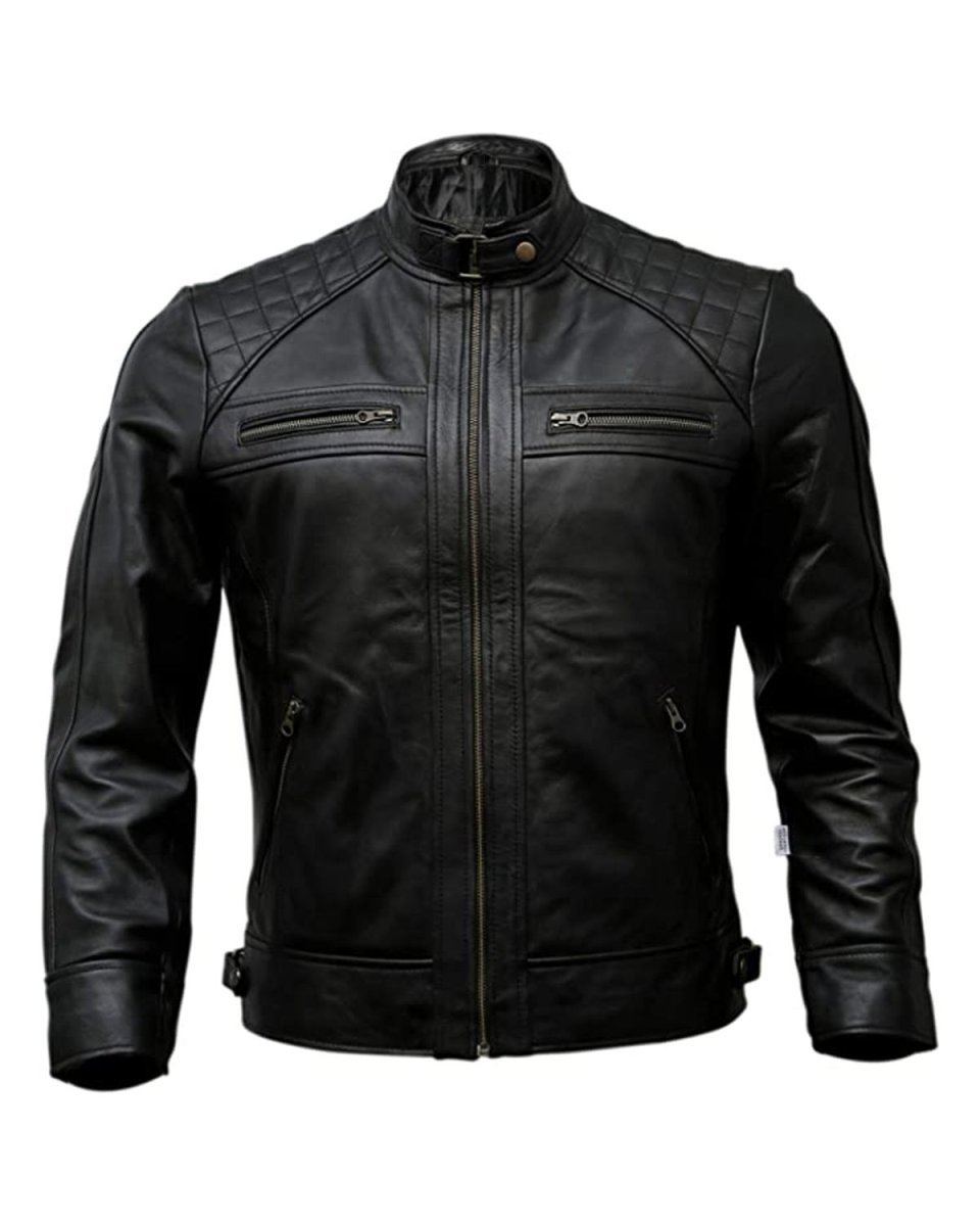 Chaqueta de motorista clásica de piel de oveja para hombre, negra. - Imagen 2