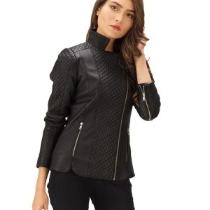 Chaqueta motera clásica para mujer en piel auténtica, color negro.
