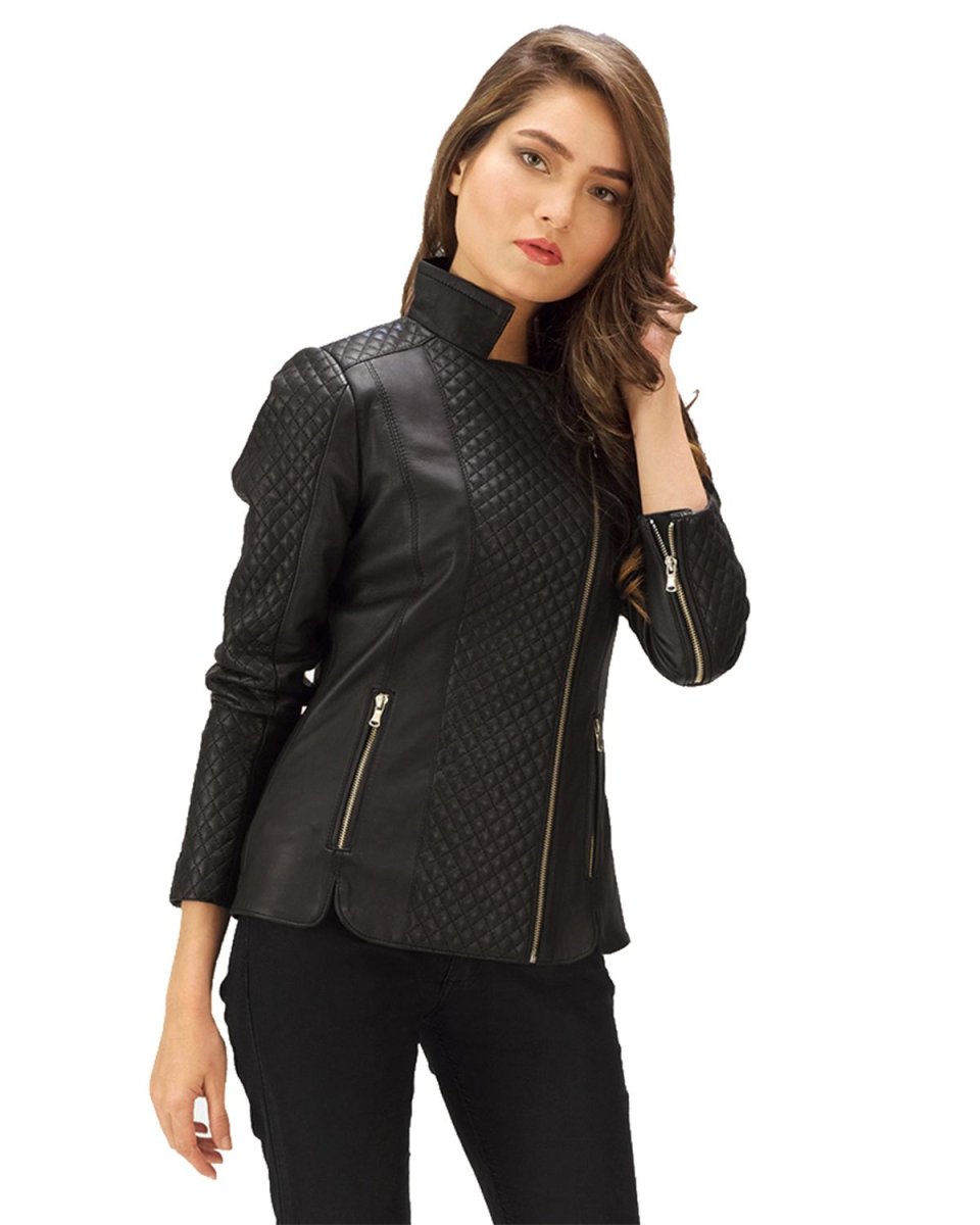 Chaqueta motera clásica para mujer en piel auténtica, color negro. - Imagen 2