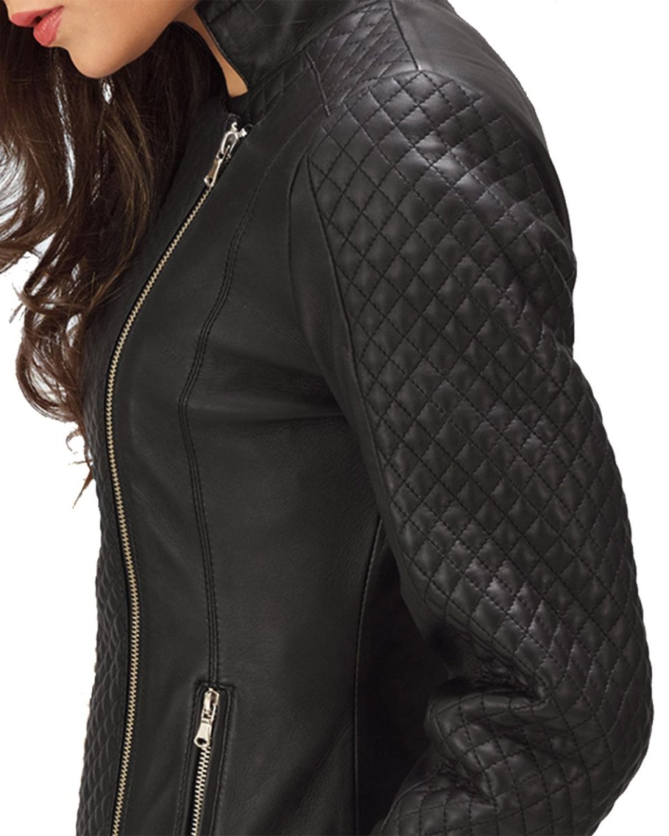 Chaqueta motera clásica para mujer en piel auténtica, color negro. - Imagen 4