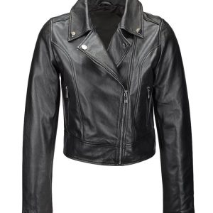 Chaqueta motera de piel de oveja negra para mujer, corte ajustado.
