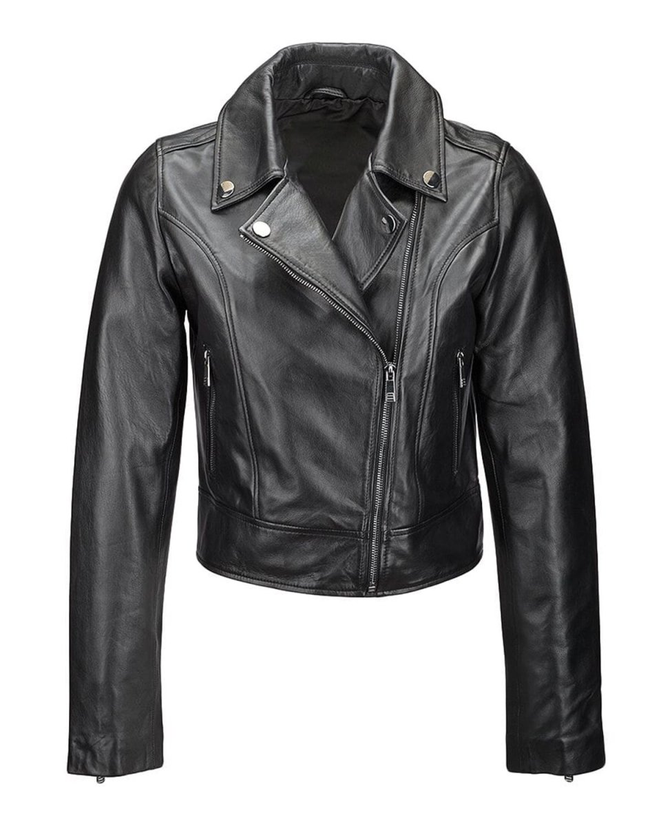 Chaqueta motera de piel de oveja negra para mujer, corte ajustado. - Imagen 2