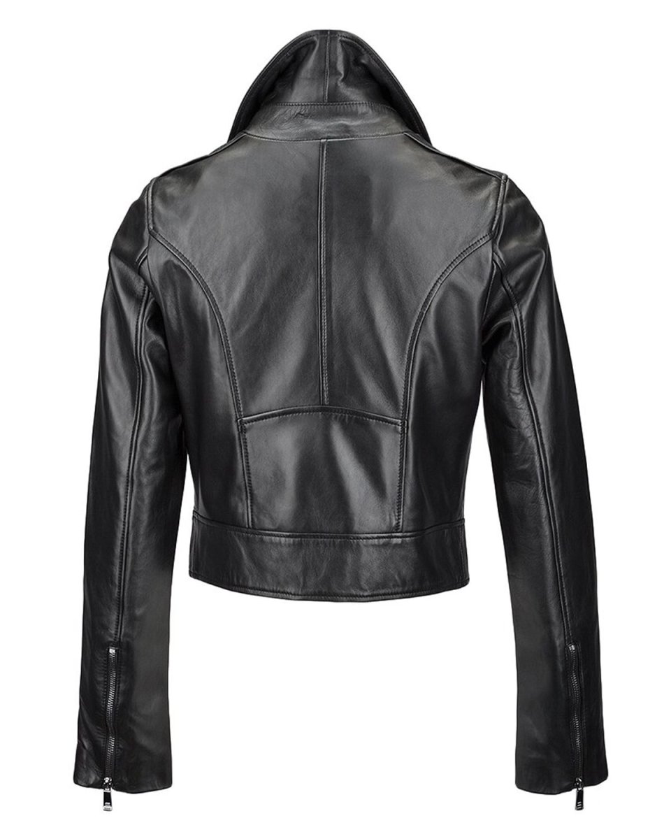 Chaqueta motera de piel de oveja negra para mujer, corte ajustado. - Imagen 5