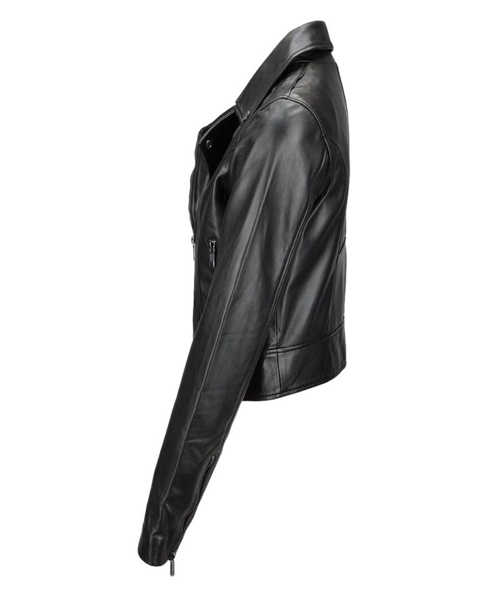 Chaqueta motera de piel de oveja negra para mujer, corte ajustado. - Imagen 4