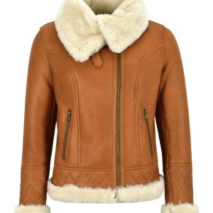 Chaqueta de aviador de piel de oveja color caramelo para mujer