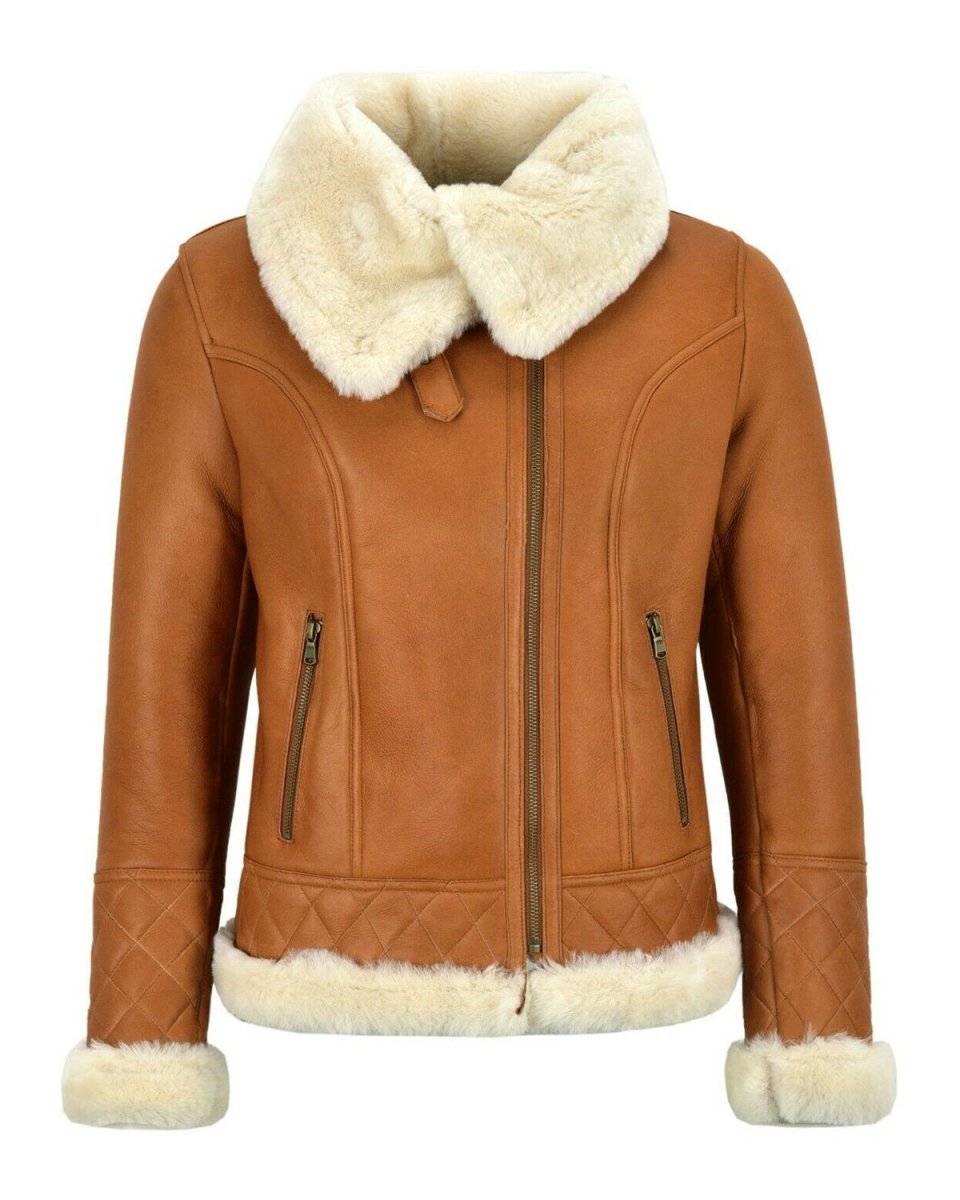Chaqueta de aviador de piel de oveja color caramelo para mujer - Imagen 2