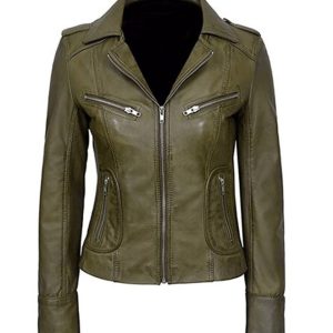 Chaqueta motera clásica para mujer en piel auténtica de color verde oliva.