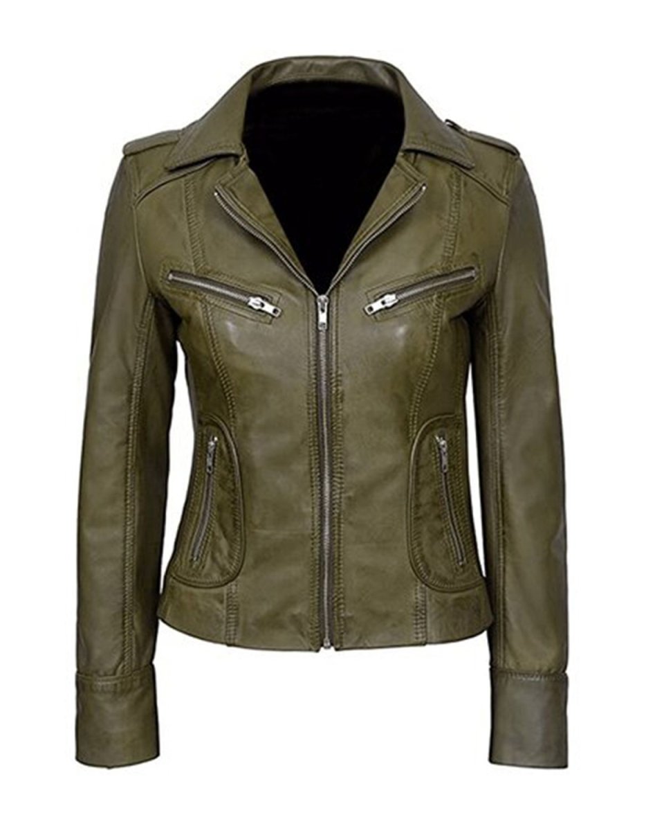 Chaqueta motera clásica para mujer en piel auténtica de color verde oliva.