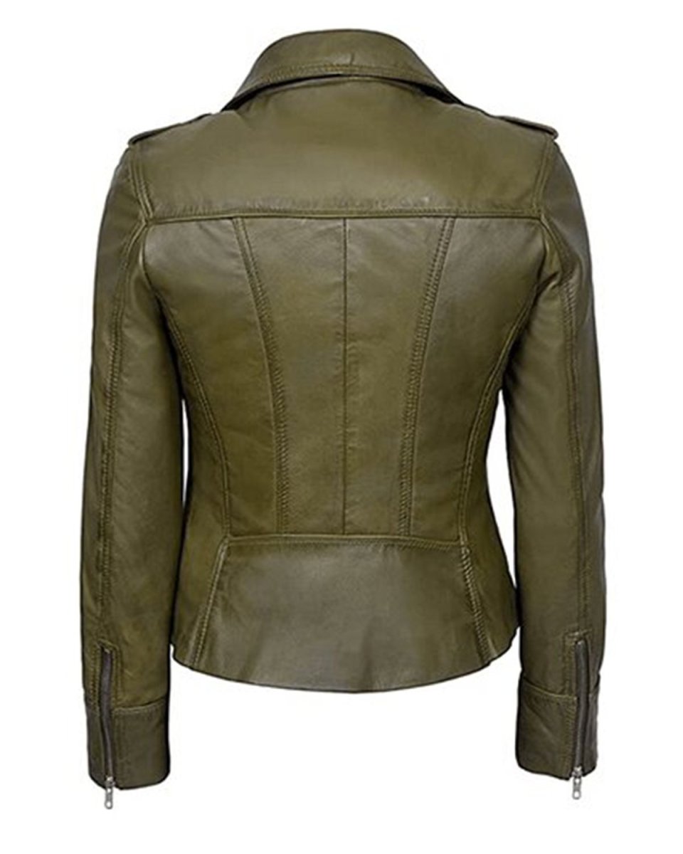 Chaqueta motera clásica para mujer en piel auténtica de color verde oliva. - Imagen 4