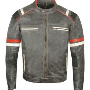 Chaqueta de moto para hombre de piel de oveja negra antigua