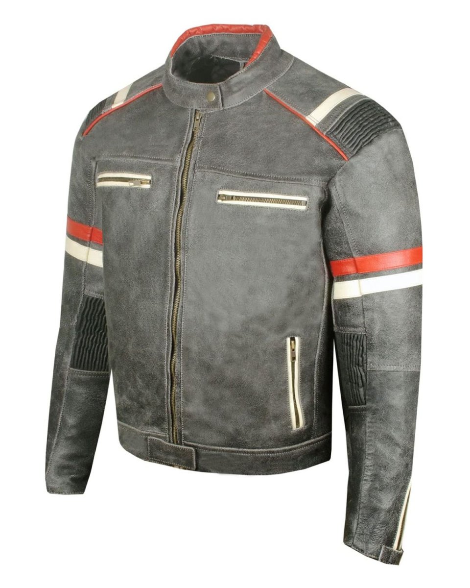 Chaqueta de moto para hombre de piel de oveja negra antigua - Imagen 4