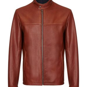 Chaqueta de piel de oveja marrón para hombre, estilo café racer.