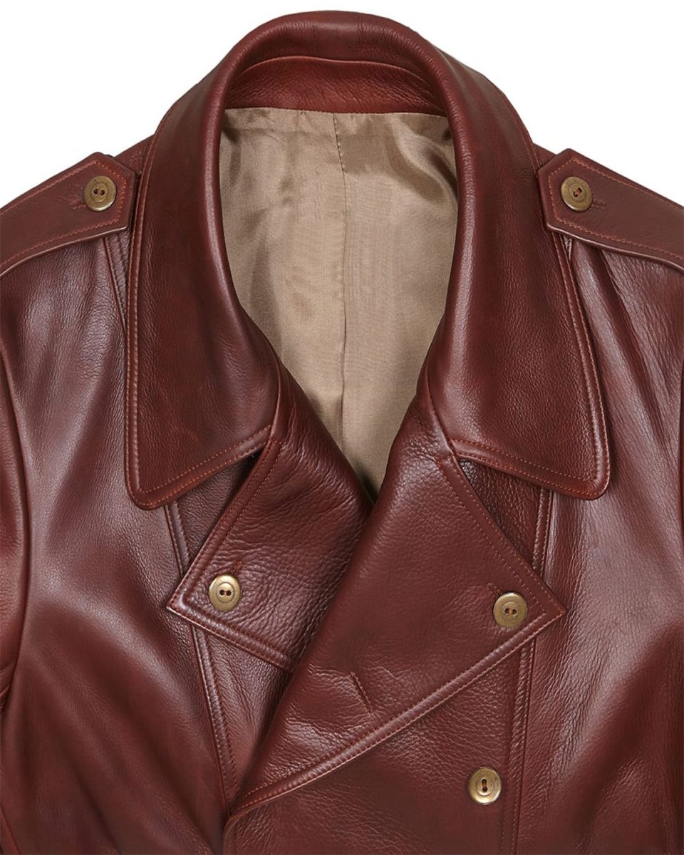 Abrigo de cuero auténtico estilo militar para hombre - Imagen 4