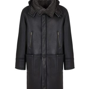 Abrigo de piel de oveja para hombre con capucha, negro.