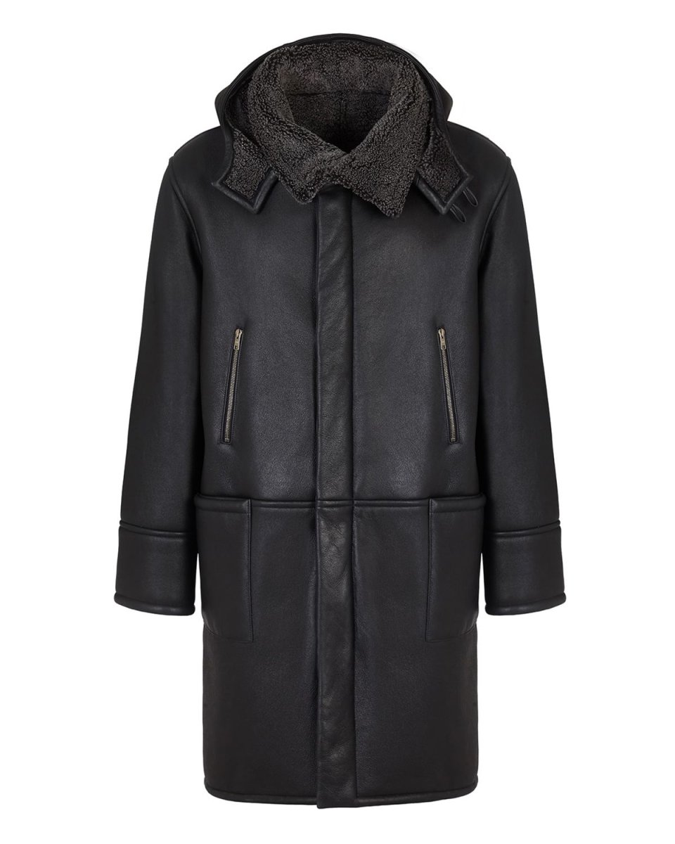 Abrigo de piel de oveja para hombre con capucha, negro. - Imagen 3