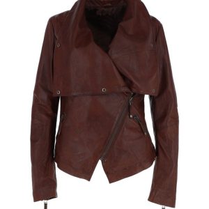 Chaqueta motera clásica de piel de oveja para mujer, color coñac.