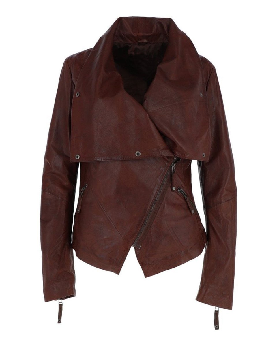 Chaqueta motera clásica de piel de oveja para mujer, color coñac. - Imagen 3