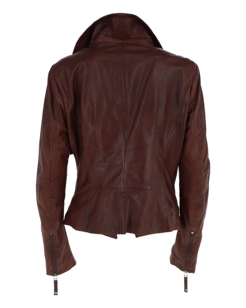 Chaqueta motera clásica de piel de oveja para mujer, color coñac. - Imagen 5