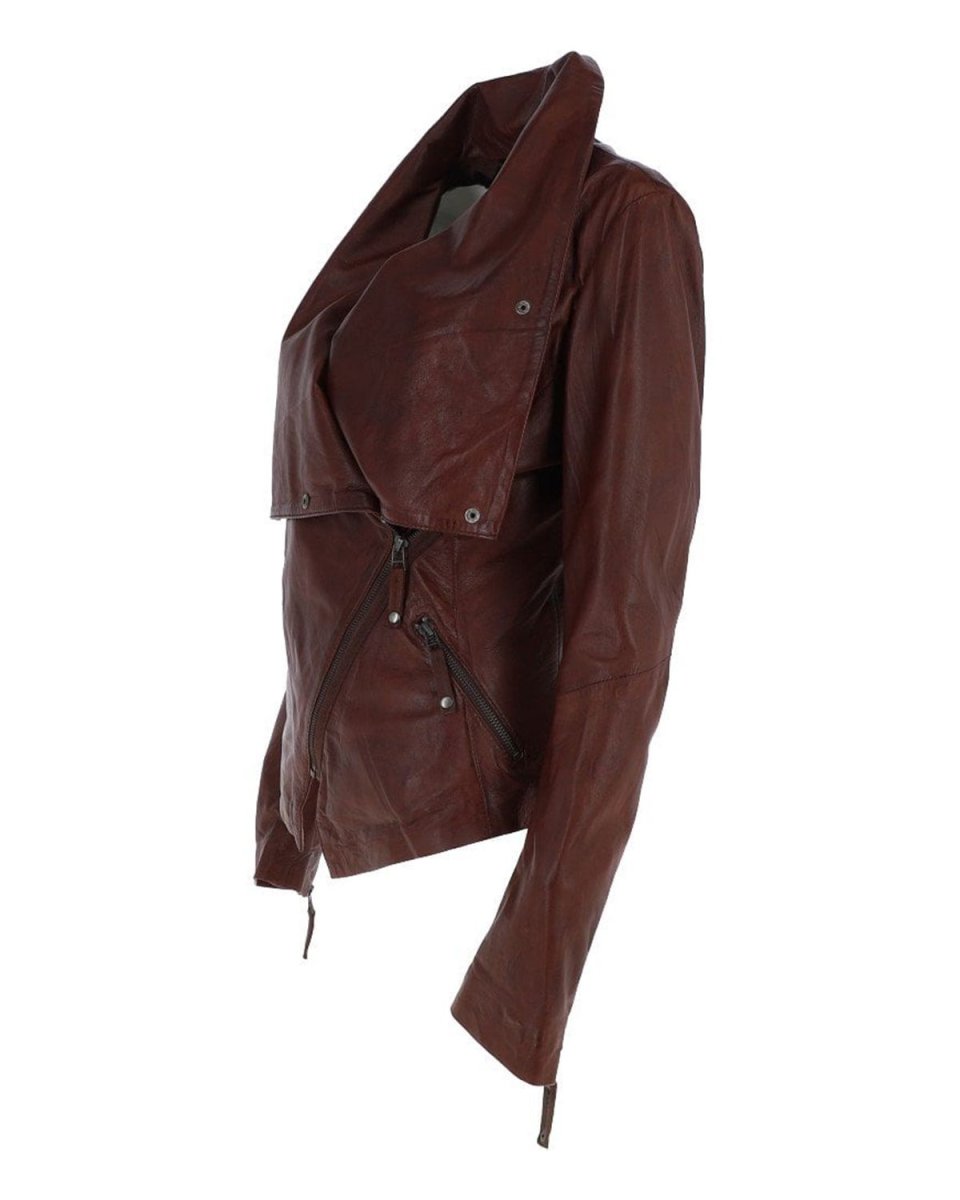 Chaqueta motera clásica de piel de oveja para mujer, color coñac. - Imagen 4
