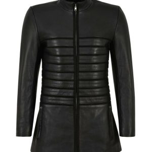 Chaqueta motera larga de piel de oveja para mujer, negra