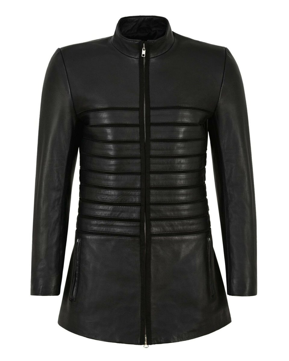 Chaqueta motera larga de piel de oveja para mujer, negra