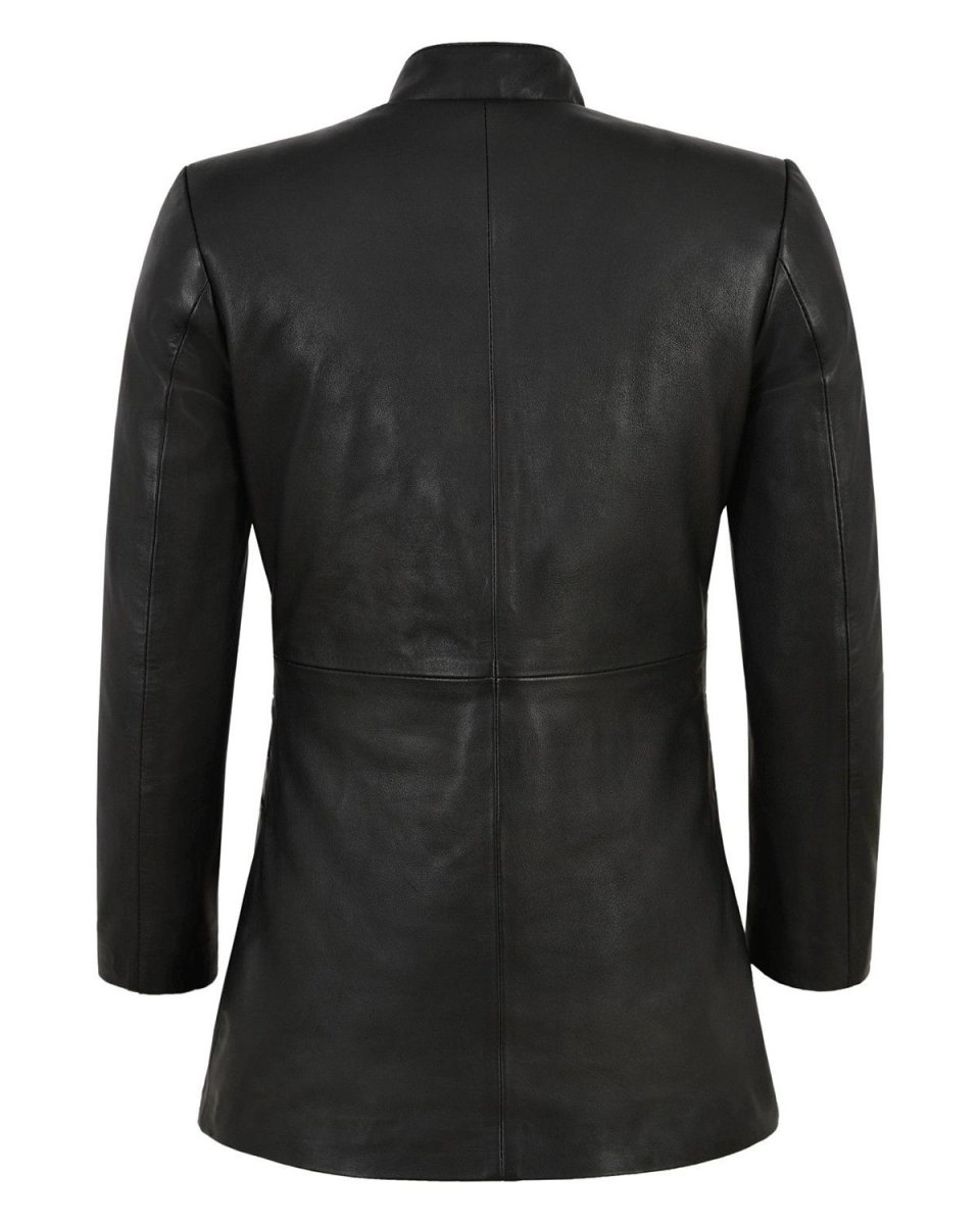Chaqueta motera larga de piel de oveja para mujer, negra - Imagen 5