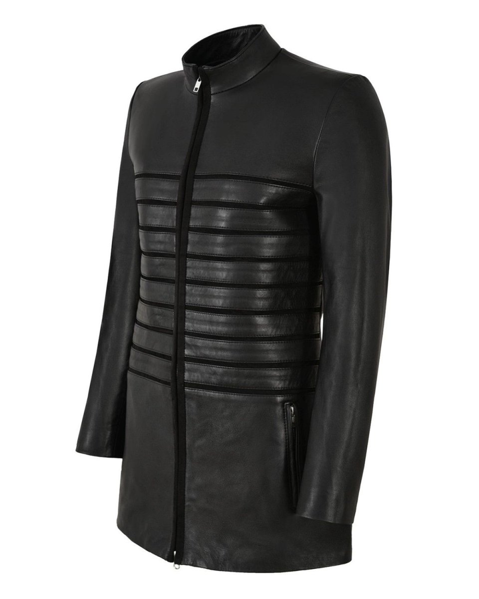 Chaqueta motera larga de piel de oveja para mujer, negra - Imagen 4