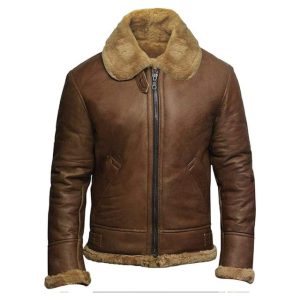 Chaqueta de hombre de cuero auténtico marrón con ribete de piel de primera calidad.