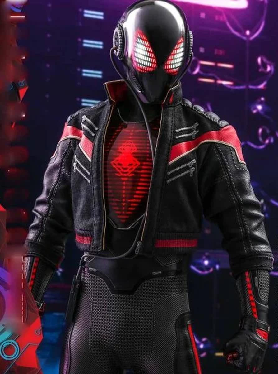 Chaqueta de moto para hombre de piel de oveja negra y roja - Imagen 9