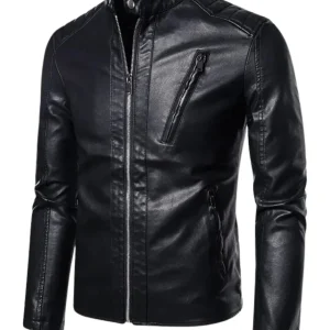 Chaqueta de cuero elegante con cuello alto