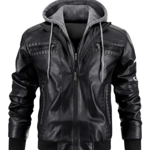 Chaqueta de cuero con capucha de estilo informal